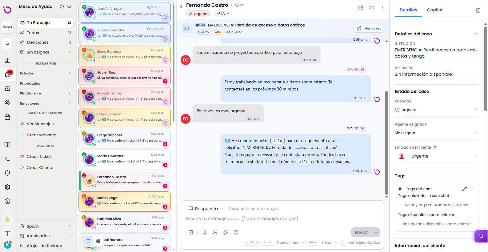 Bandeja omnicanal de Orvyz unificando WhatsApp, Instagram y Facebook